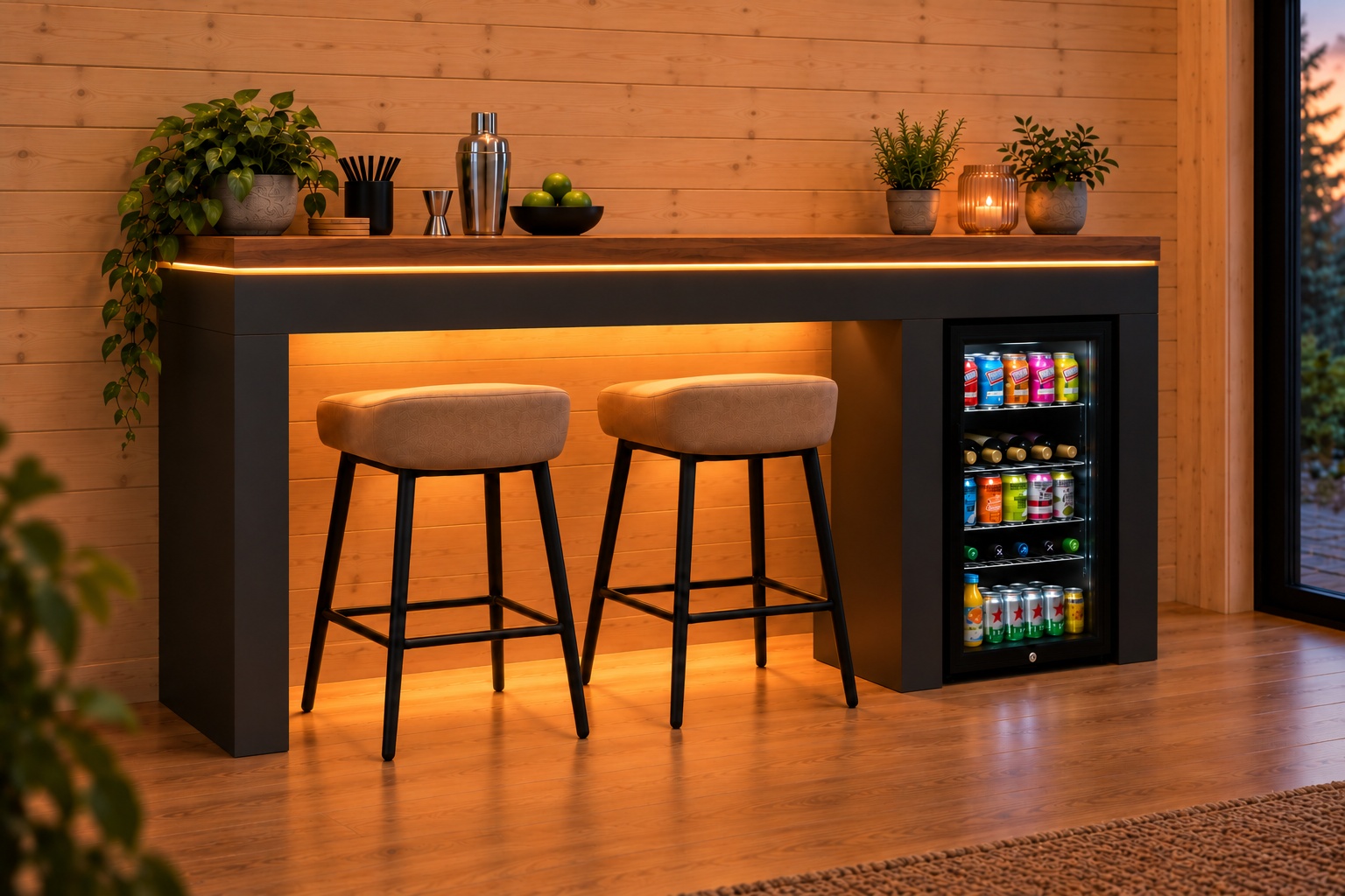 Illustrative Tekden bar render: A darker combination with a real walnut worktop.