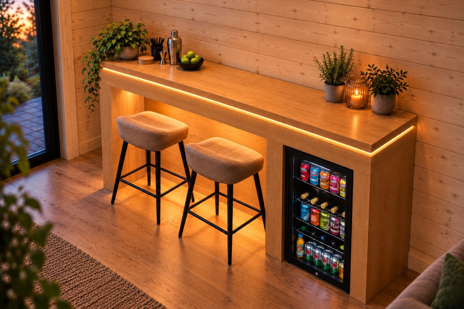 Illustrative Tekden bar render: Oak-effect melamine across the base and worktop.