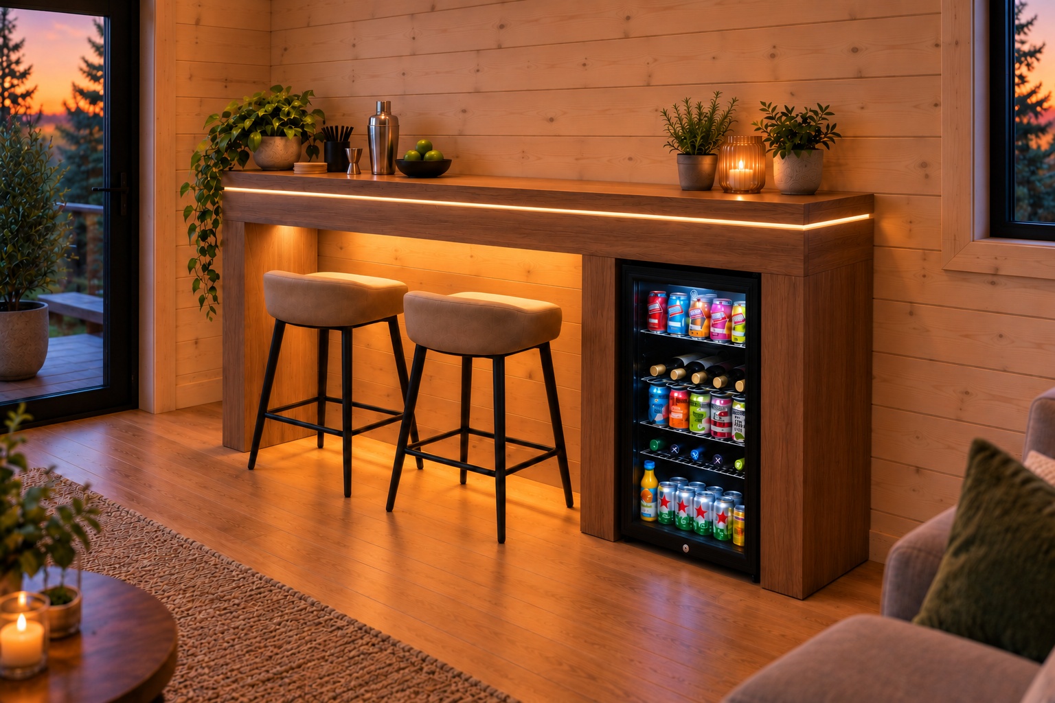 Illustrative Tekden bar render: A walnut-effect melamine base and worktop.