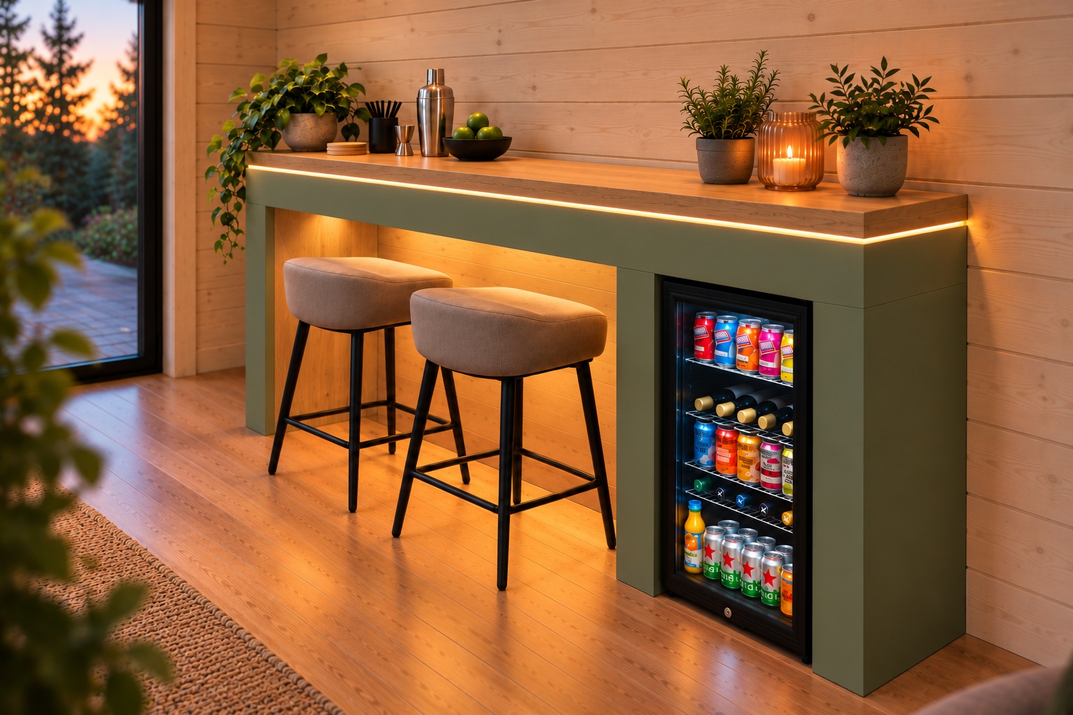 Illustrative Tekden bar render: A muted green base with a warm real oak top.