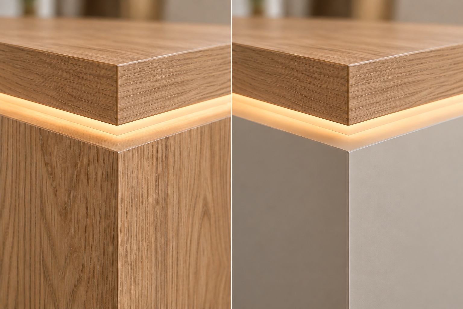 Brochure close-up comparing textured wood-effect and plain-colour bases beneath a thick wood worktop and recessed lighting