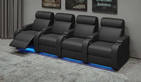 Paramount+ 4 Cinema Seats - Black Leather Front View with LED Lights