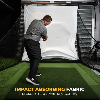 SimSpace Deluxe Home Golf Impact Screen with 20 Bungee Cords – 4K Ready Projection Screen Golfer taking shot