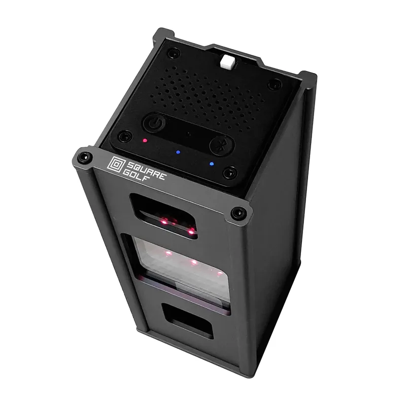 Square Golf metal protective case installed with launch monitor showing precise fit