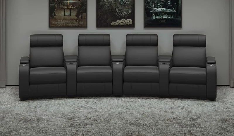 Paramount+ 4 Cinema Seats - Curved Configuration Black Leather Front View