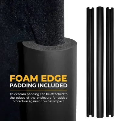 DIY golf simulator enclosure kit components including poles, screen and velour siding