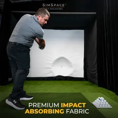 Golf simulator screen enclosure with 4K-ready impact screen for crystal-clear visuals
