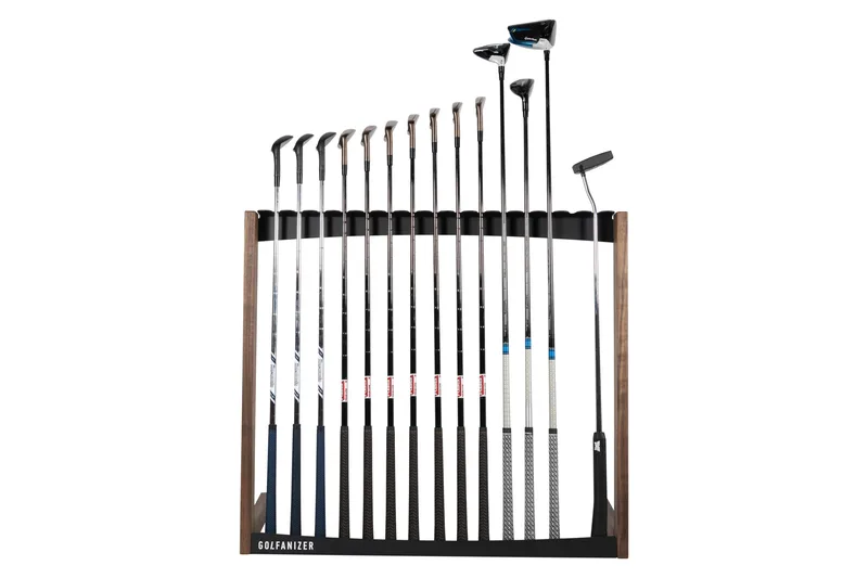 Golfanizer Luxury Golf Club Rack from front with clubs