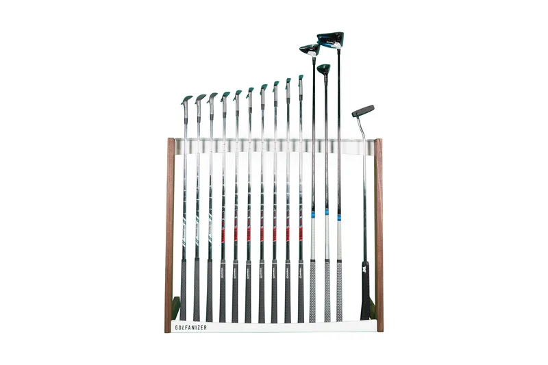 Golfanizer Luxury Golf Club Rack White from front with clubs