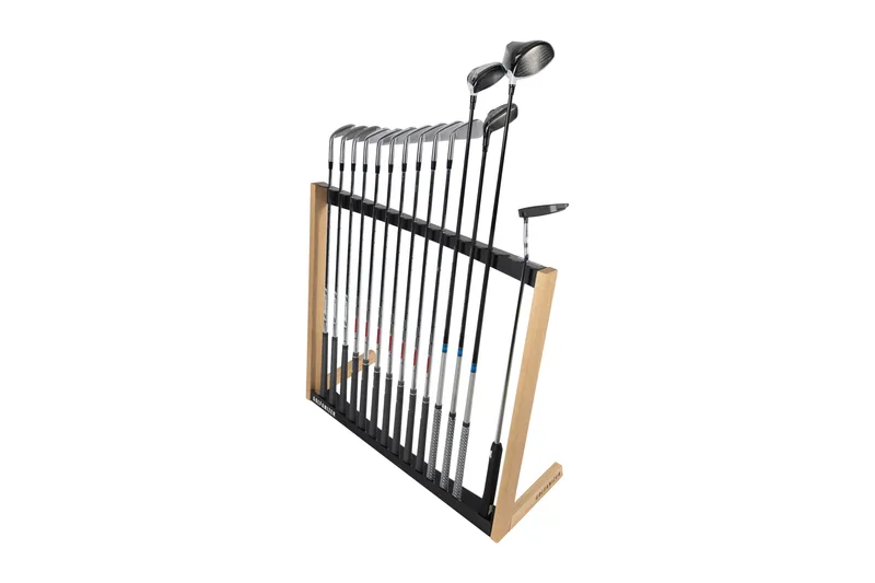Golfanizer Luxury Golf Club Rack Black from the side with golf clubs