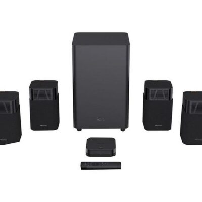 Four wireless satellite speakers from Hisense HT Saturn system for surround sound placement