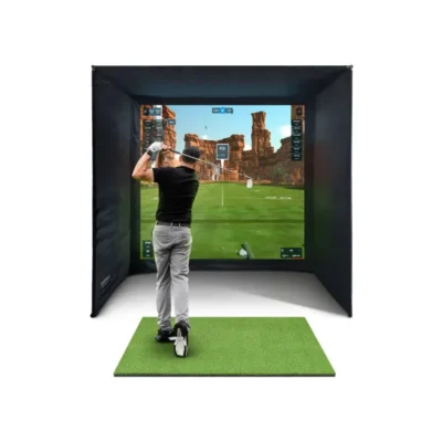 SimSpace Sim-1 golf simulator enclosure kit with 4K impact screen and black velour siding