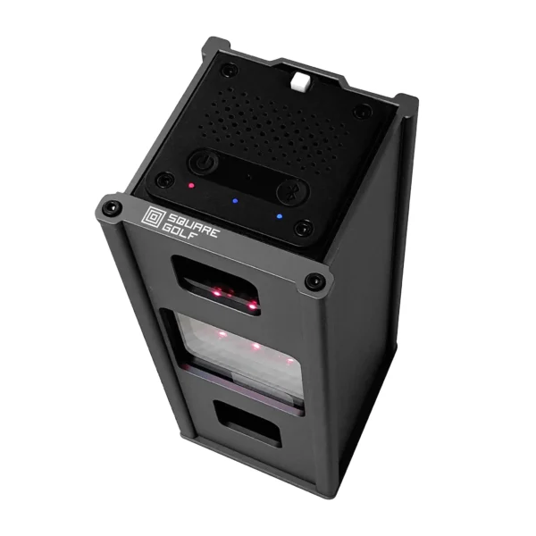Square Golf metal protective case installed with launch monitor showing precise fit