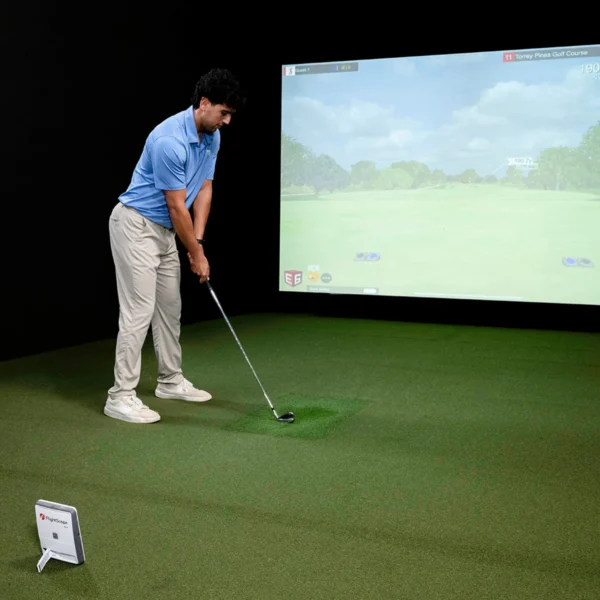 Home golf simulator launch monitor FlightScope Mevo Gen2 with E6 Connect software displaying swing data