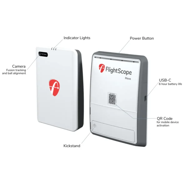 Portable golf launch monitor FlightScope Mevo Gen2 6-hour battery life with USB-C charging cabl