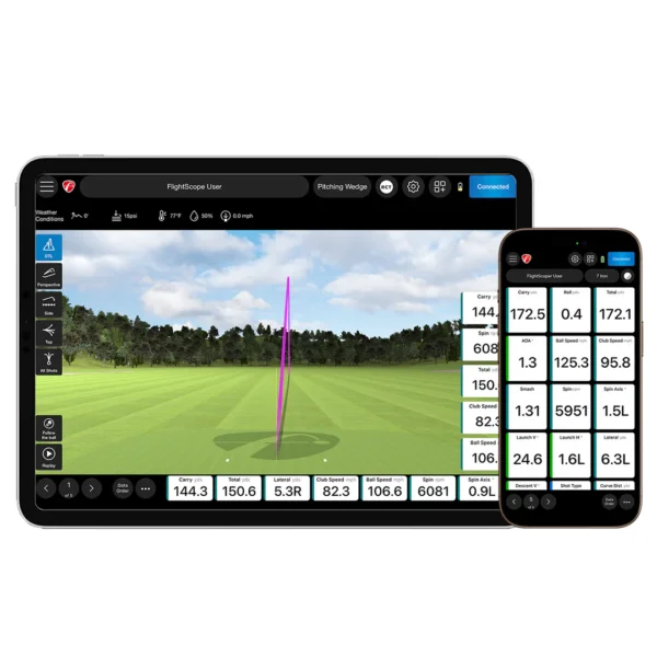 Portable launch monitor FlightScope Mevo Gen2 showing compact 500g design with built-in kickstand
