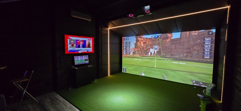 Hybrid room with red accent lighting