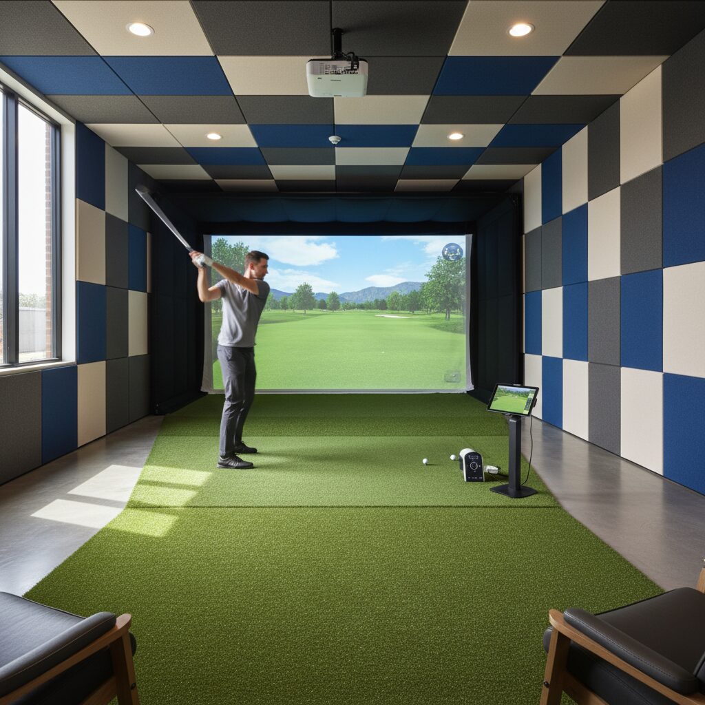 Professional photography of a modern golf simulator room with acoustic foam pane