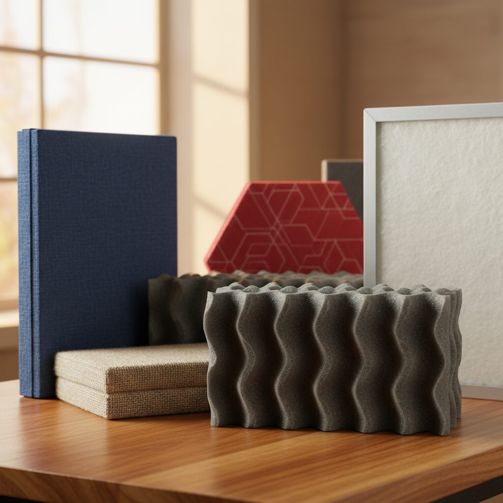 Close-up professional photography of various types of acoustic panels arranged o