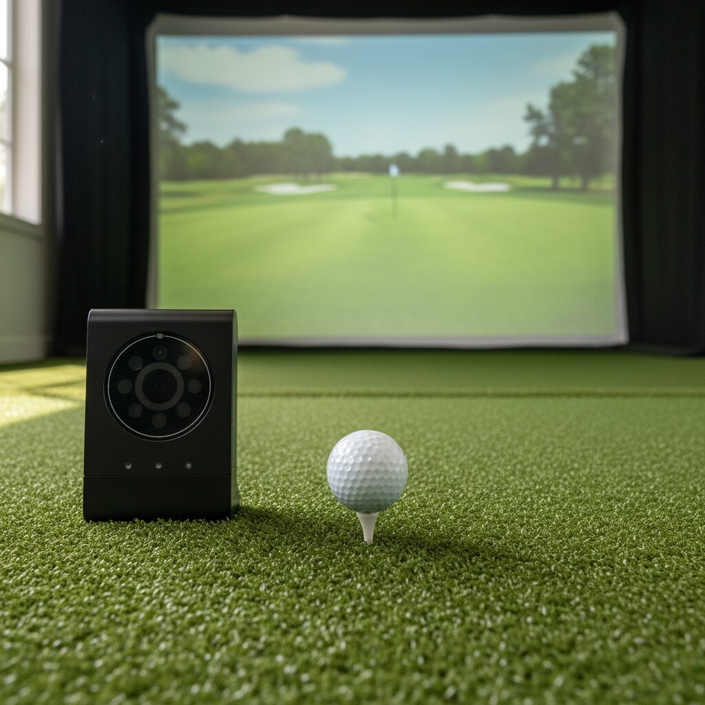 Close-up view of golf simulator components including launch monitor device, golf