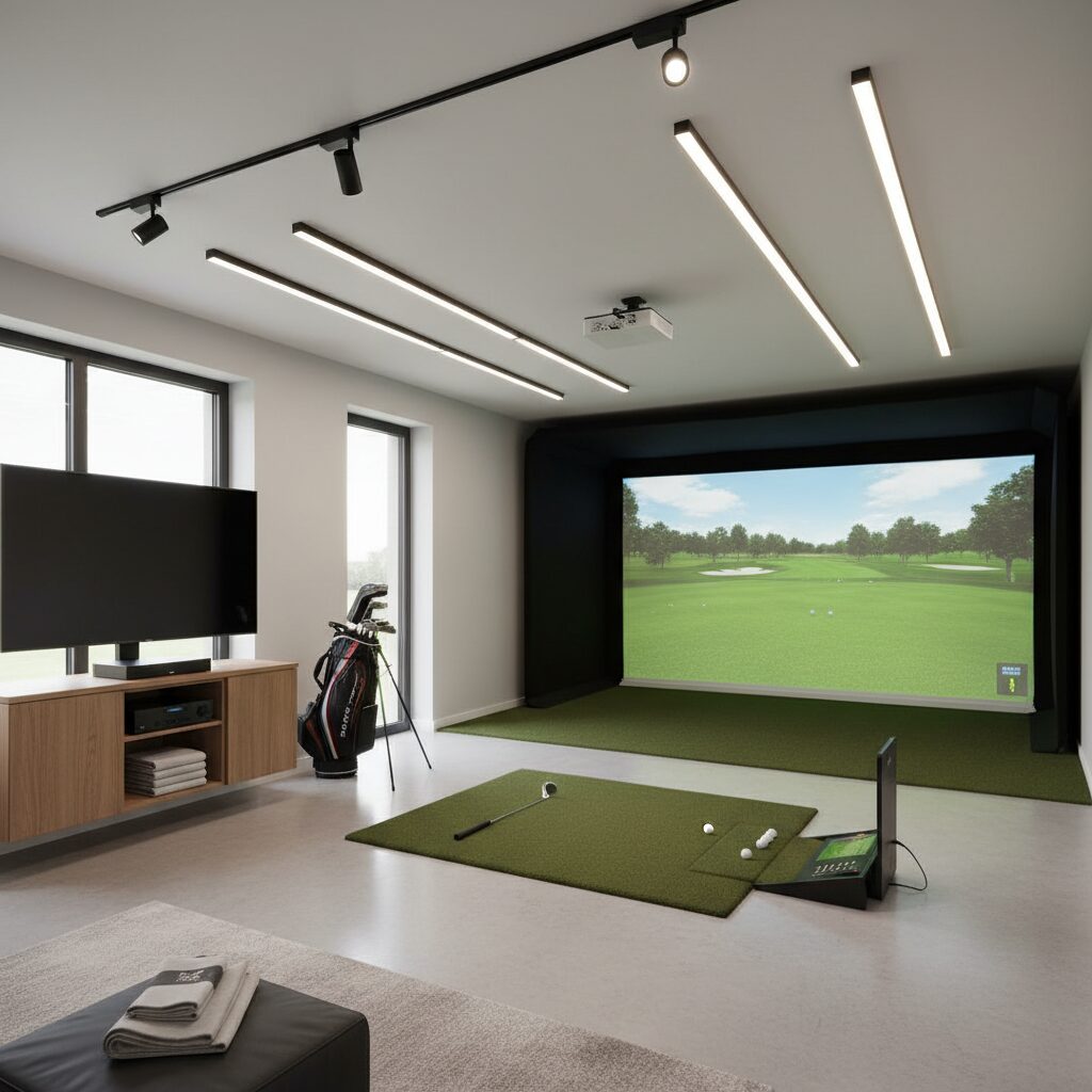 Professional golf simulator room with proper lighting setup showing LED fixtures