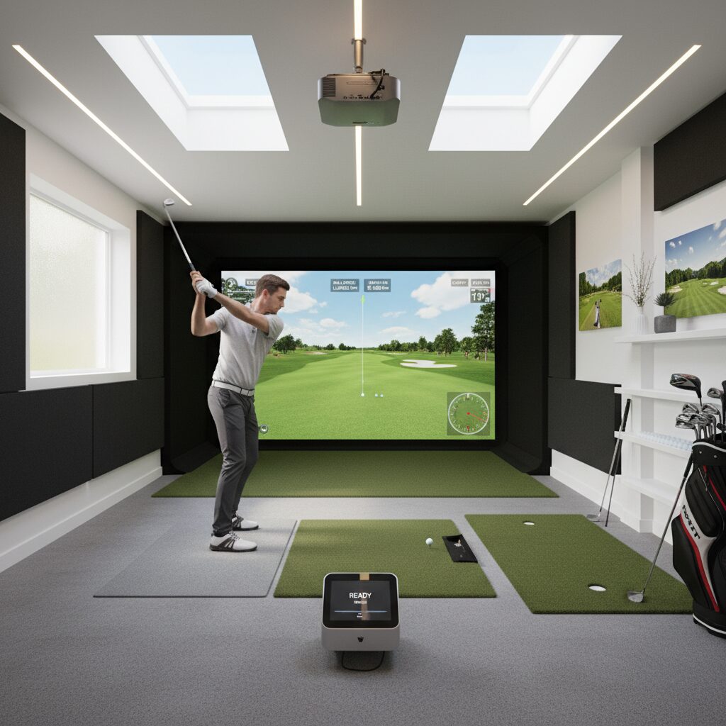 Modern home golf simulator setup in a converted UK garage with impact screen, pr