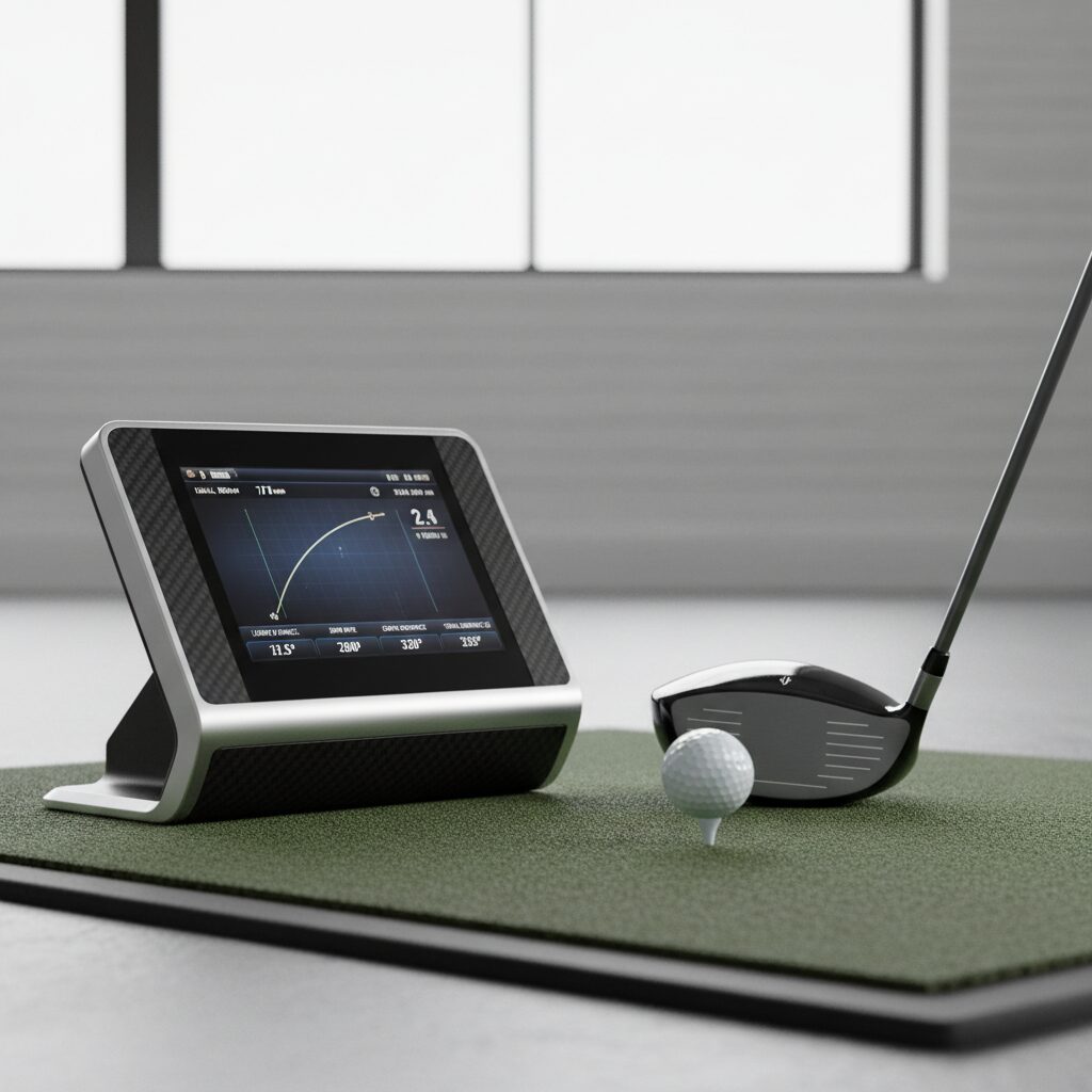 Close-up view of advanced golf launch monitor device on hitting mat displaying s