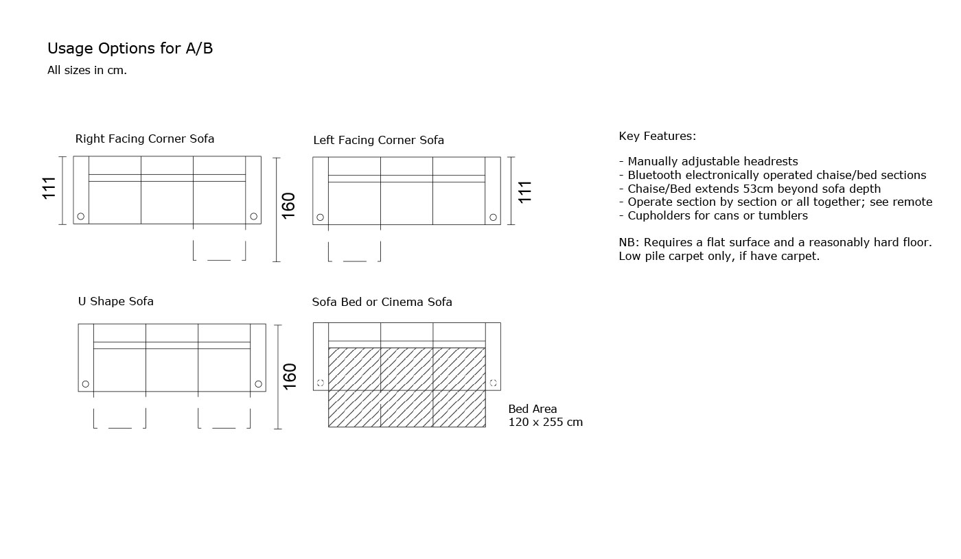 Motion Cinema Sofa Bed - Usage Options A and B