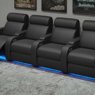 Paramount+ 4 Cinema Seats - Black Leather Front View with LED Lights