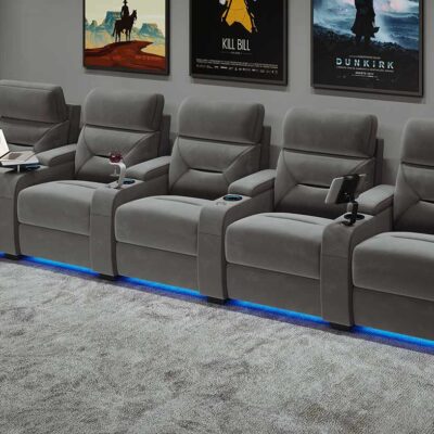 5-Seat Home Cinema Recliner Chairs – Dual Motor Electric Fabric Seating with Massage & LED Lighting