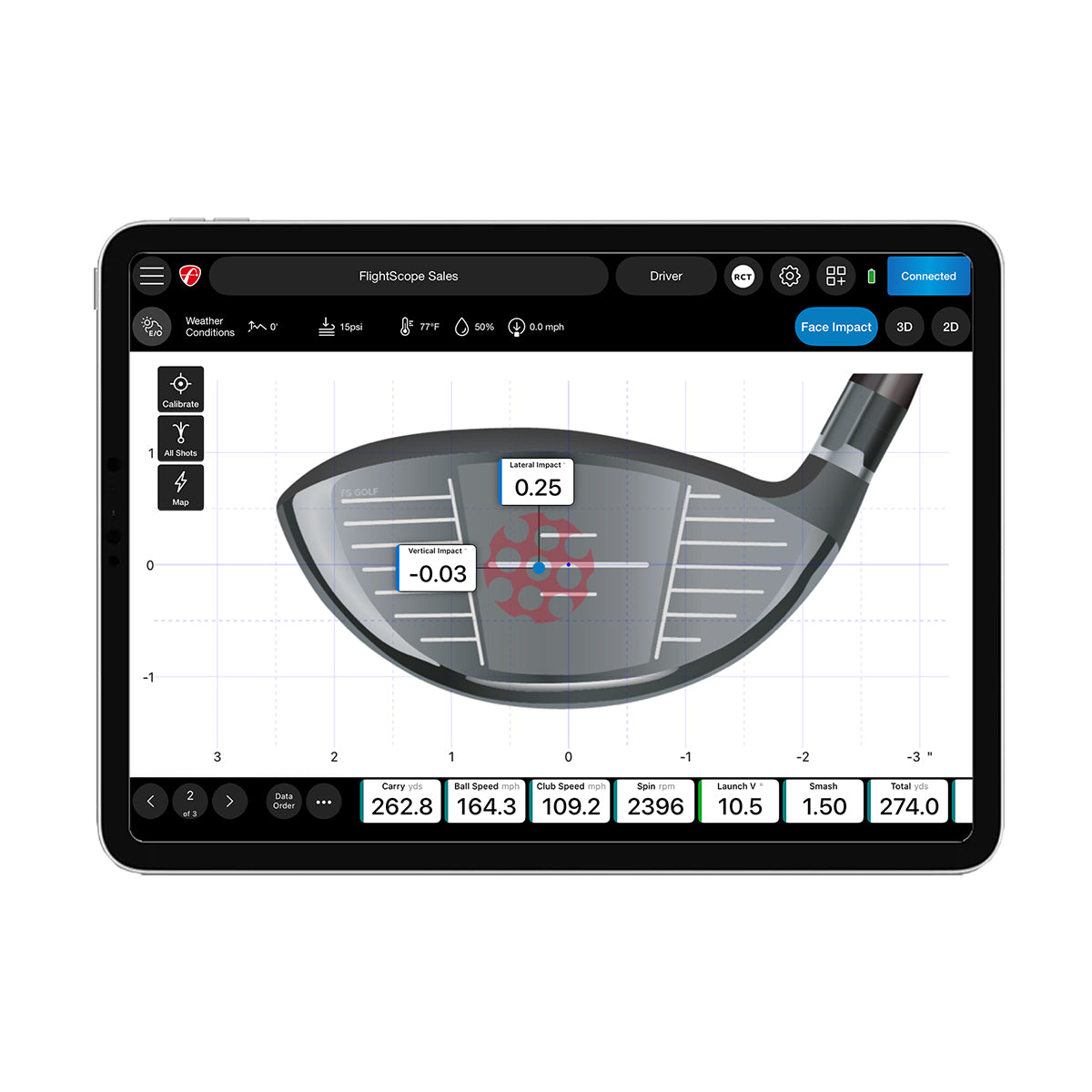 FlightScope Face Impact Location lateral impact data for driver in the FS Golf app