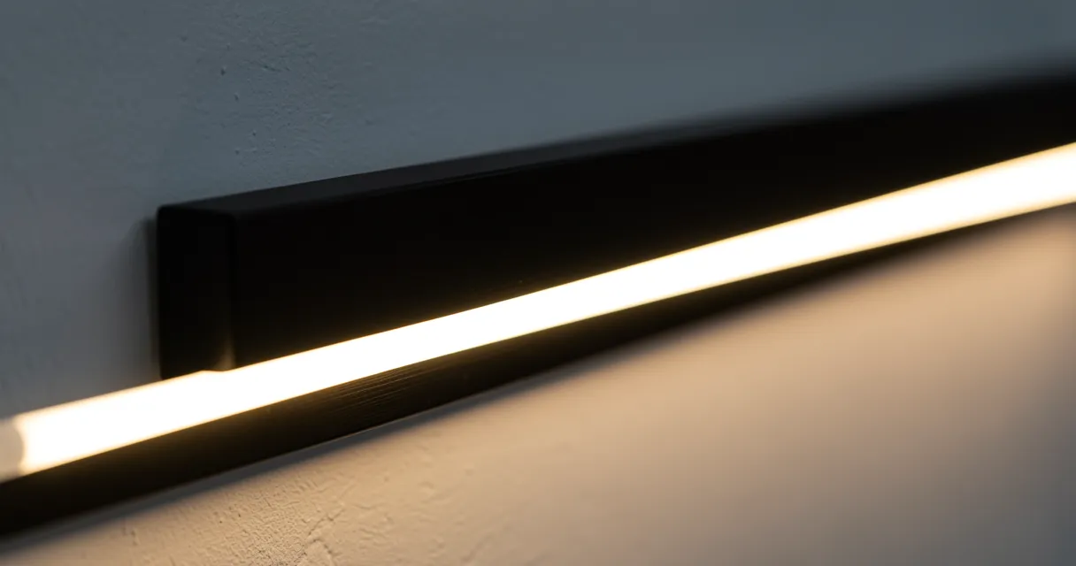 Black aluminium profile with frosted diffuser producing a continuous dot-free line of COB LED light