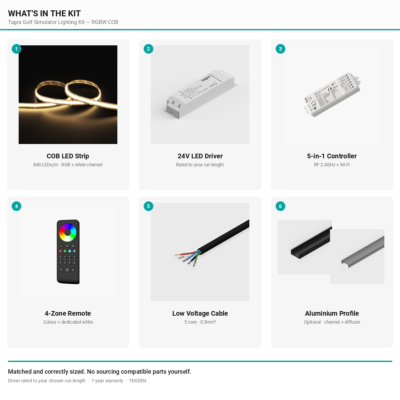 What is included in the Tagra RGBW COB LED golf simulator lighting kit: strip, driver, controller, remote, cable and optional aluminium profile