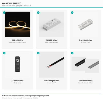 What is included in the Tagra white COB LED golf simulator lighting kit: strip, driver, controller, remote, cable and optional aluminium profile