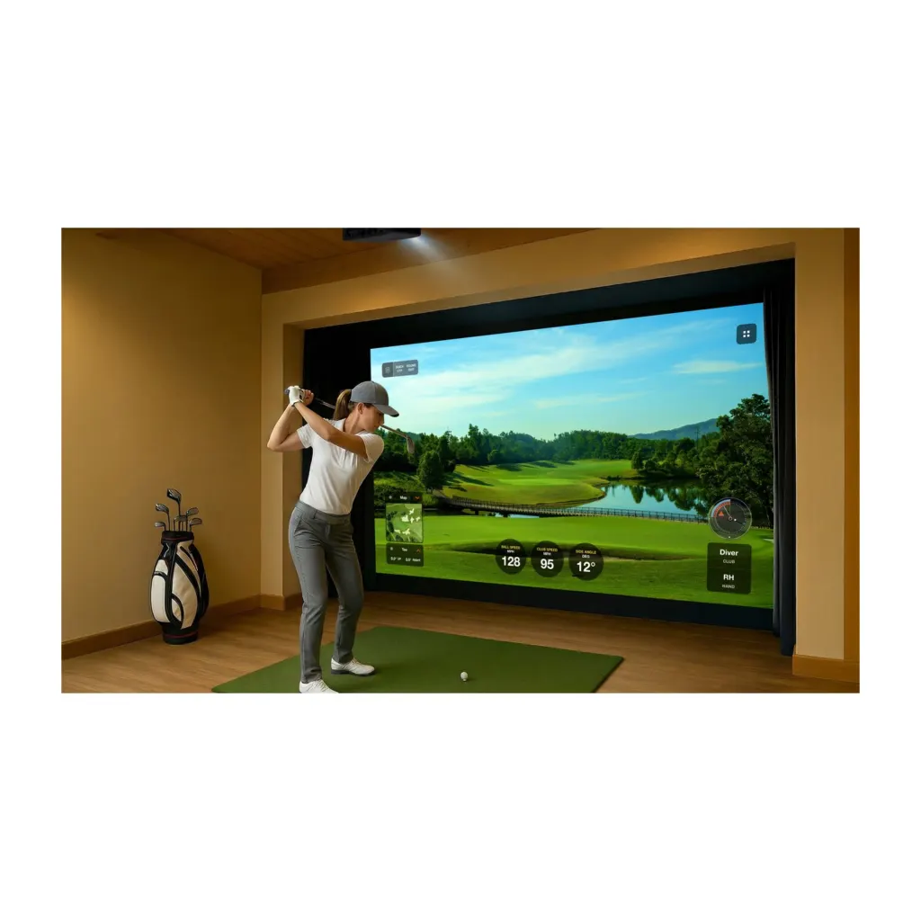 Optoma UHZ36STe 4K short throw laser golf simulator projector - projecting a golf course onto a home golf simulator impact screen