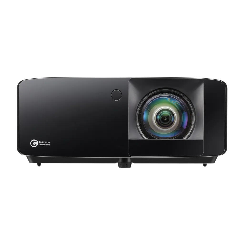 Optoma UHZ36STe 4K short throw laser golf simulator projector - front view of short throw lens