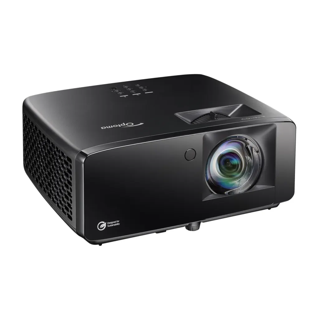 Optoma UHZ36STe 4K short throw laser golf simulator projector - angled side view showing ventilation