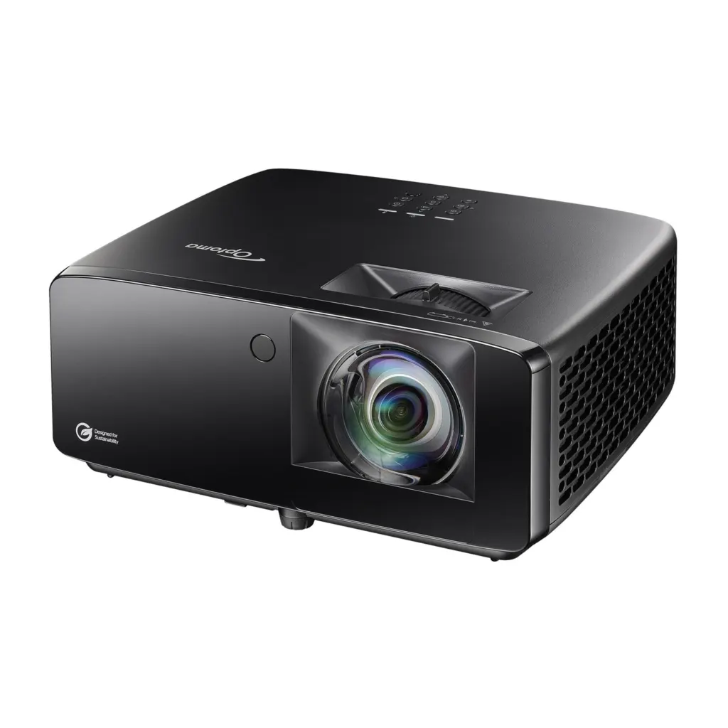 Optoma UHZ36STe 4K short throw laser golf simulator projector - angled front view