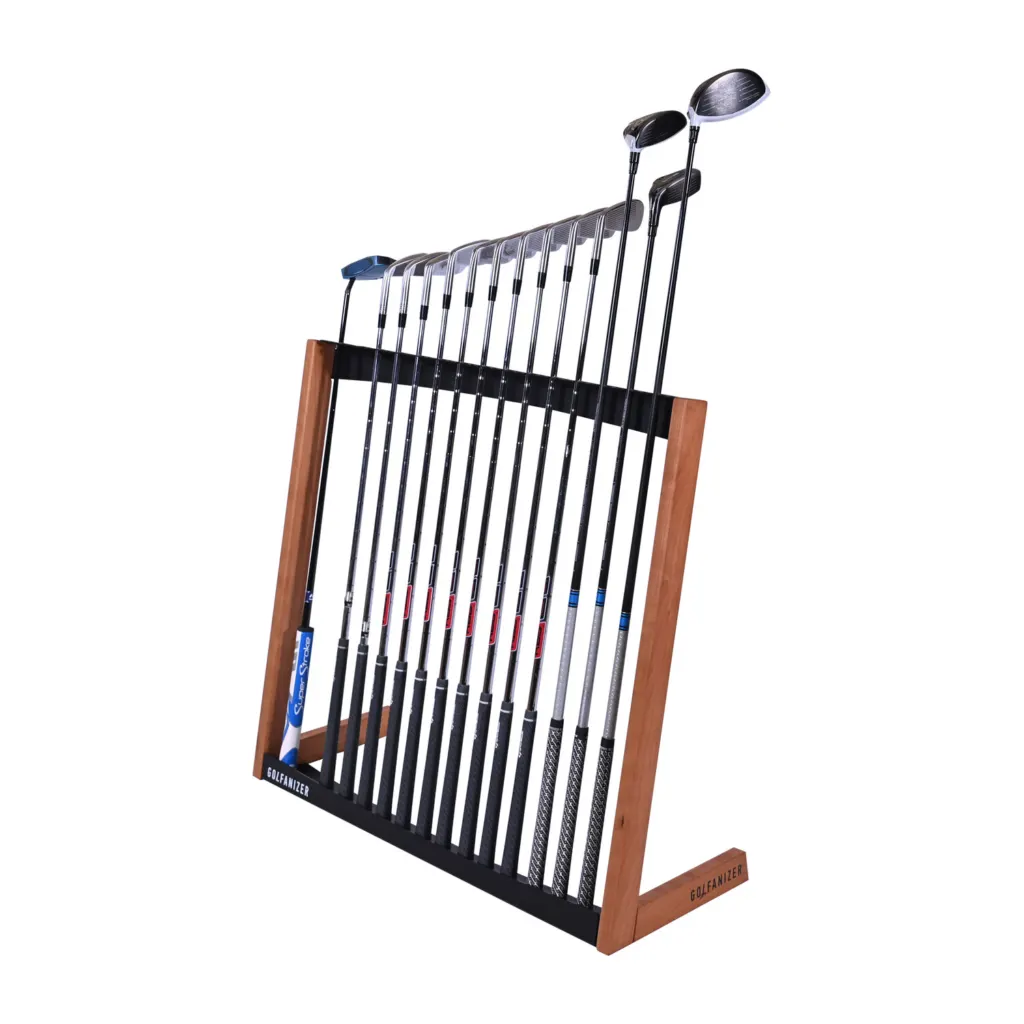 Golfanizer golf club rack in solid cherry with black steel panels holding a full set of clubs