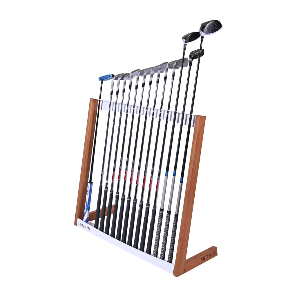 Golfanizer golf club rack in solid cherry with white steel panels holding a full set of clubs