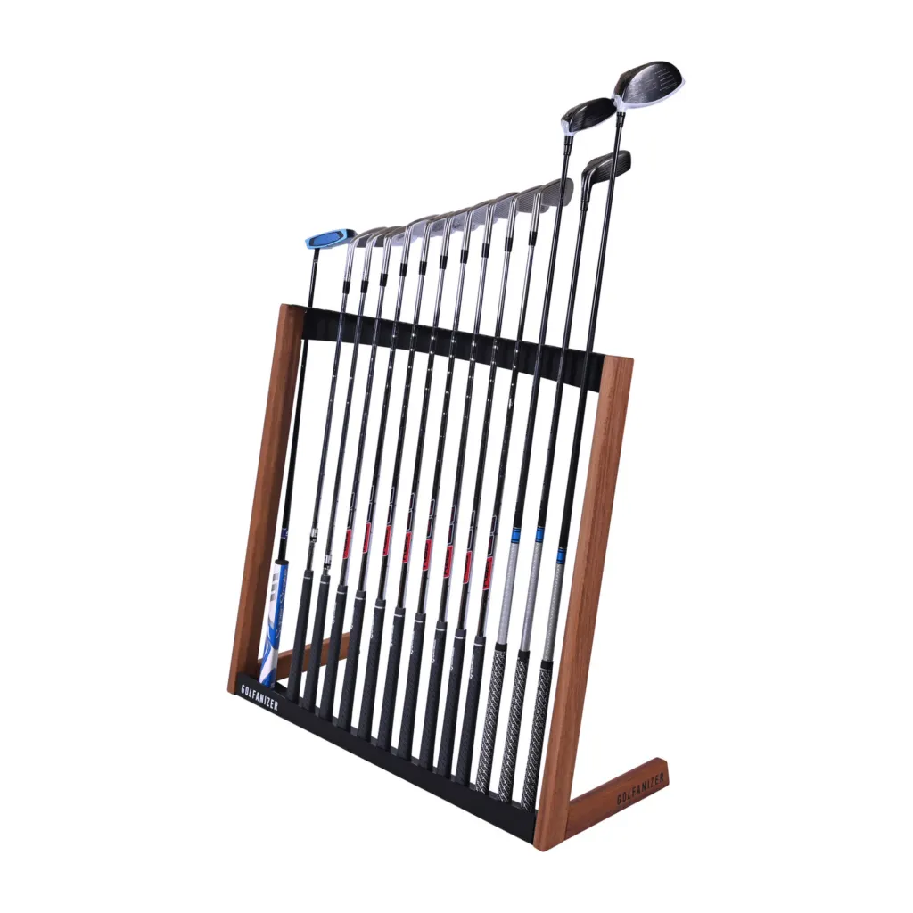 Golfanizer golf club rack in solid cumaru with black steel panels holding a full set of clubs