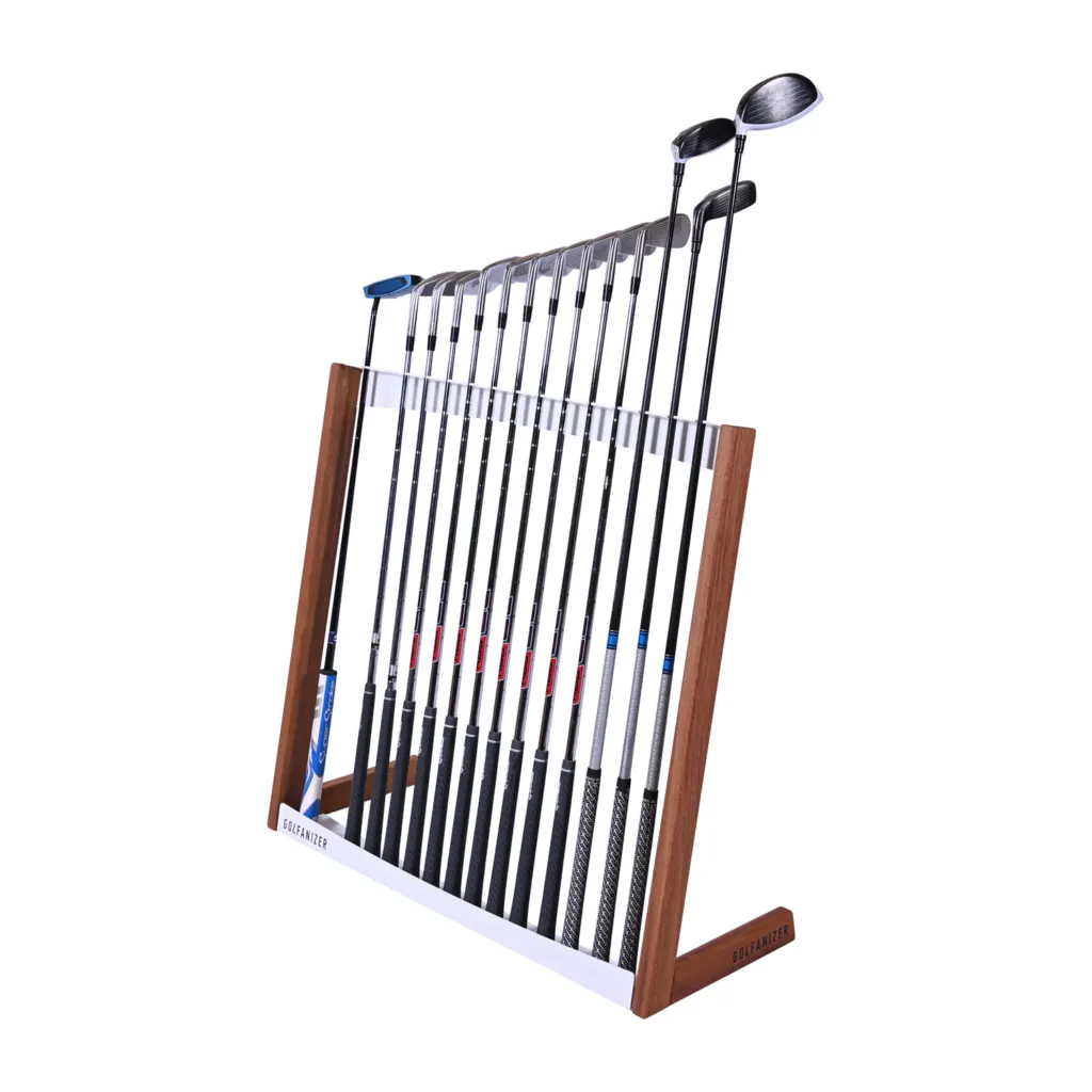 Golfanizer golf club rack in solid cumaru with white steel panels holding a full set of clubs