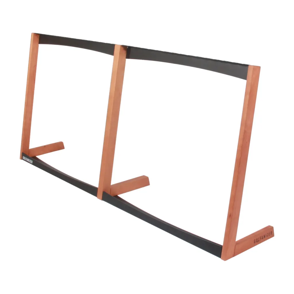 Golfanizer Duo golf club rack in solid cherry with black steel panels
